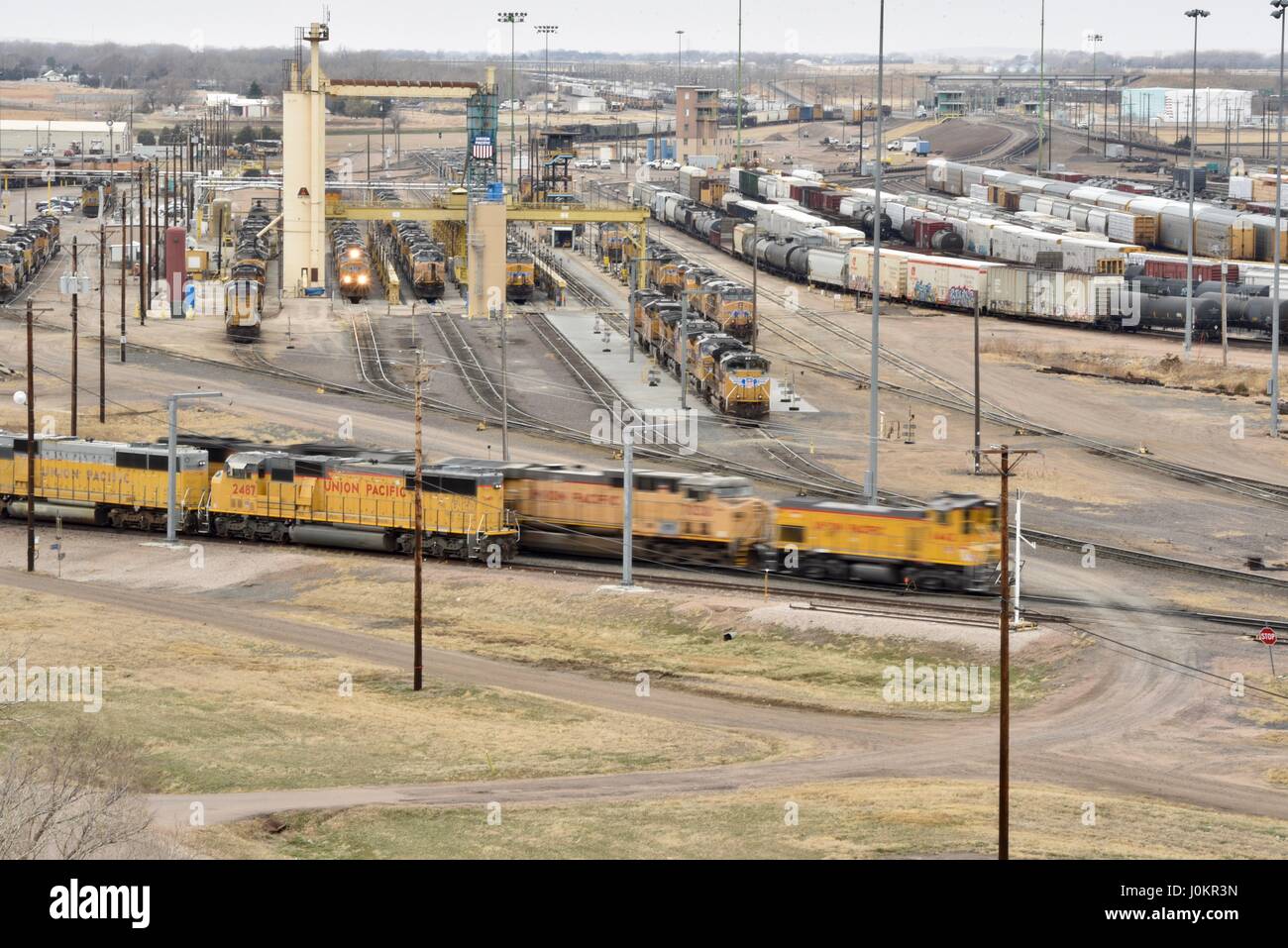 Bailey trainieren Hof, trainieren der weltweit größte Klassifizierung Hof, von der Aussichtsplattform am Golden Spike Tower, North Platte, Nebraska angesehen. Stockfoto