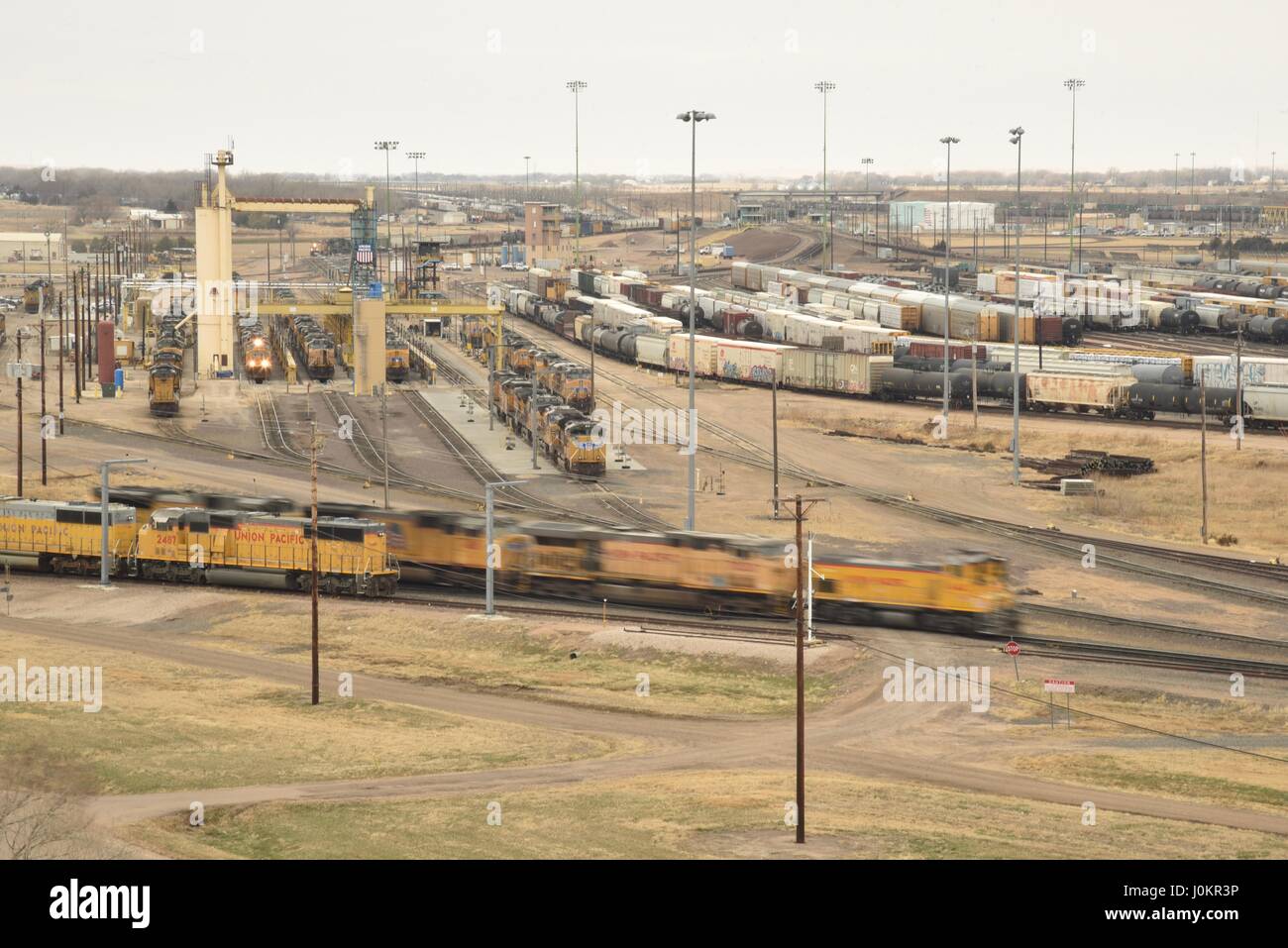 Bailey trainieren Hof, trainieren der weltweit größte Klassifizierung Hof, von der Aussichtsplattform am Golden Spike Tower, North Platte, Nebraska angesehen. Stockfoto