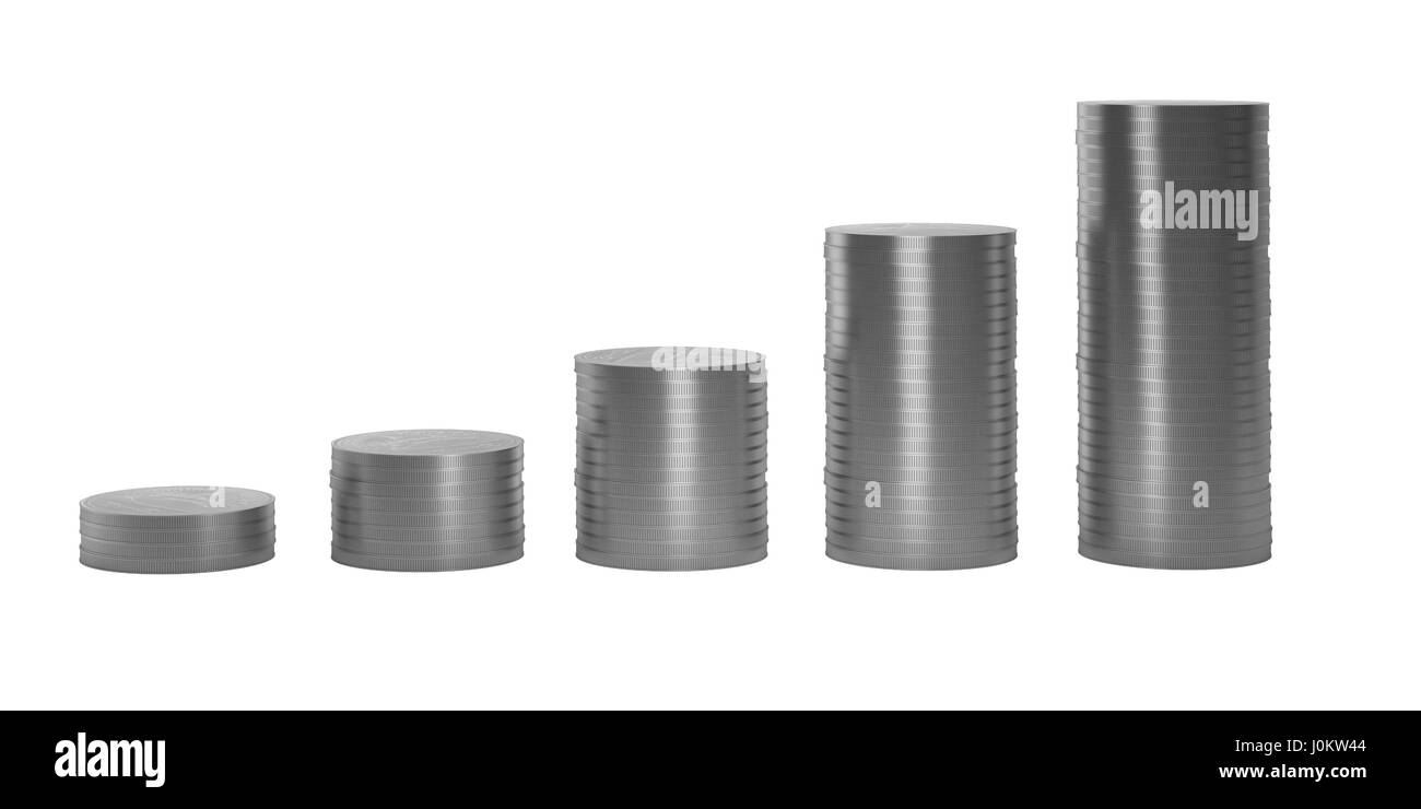 Silbermünzen in Spalten in aufsteigender Reihenfolge isoliert auf weißem Hintergrund Stockfoto