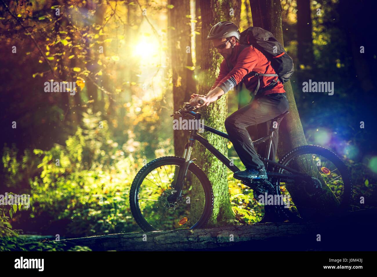 Radtour in der schönen sonnigen Wald. Kaukasische Mountainbiker. Sport und Erholung-Thema. Stockfoto
