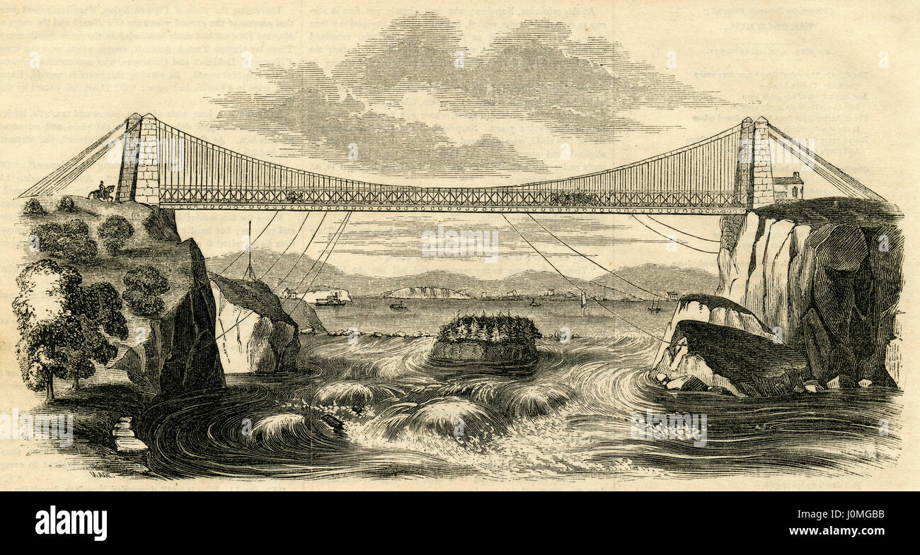 Antiken 1854 Gravur, "Blick auf die Hängebrücke über den Fluss St. John, New Brunswick." Die erste Straßenbrücke wurde 1853 über Reversing Falls auf den Saint John River erbaut. QUELLE: ORIGINAL GRAVUR. Stockfoto
