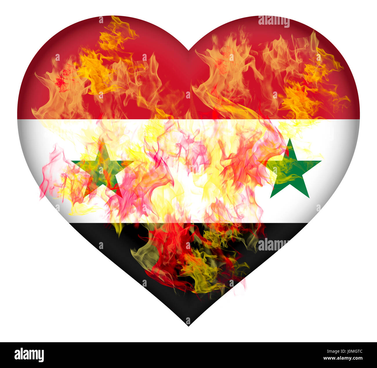Abbildung der Flagge Syriens geformt wie ein Herz in Flammen Stockfoto