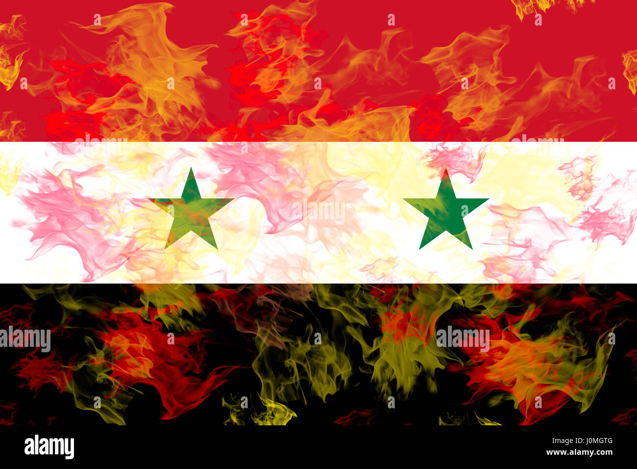 Abbildung der Flagge Syriens in Flammen. Stockfoto