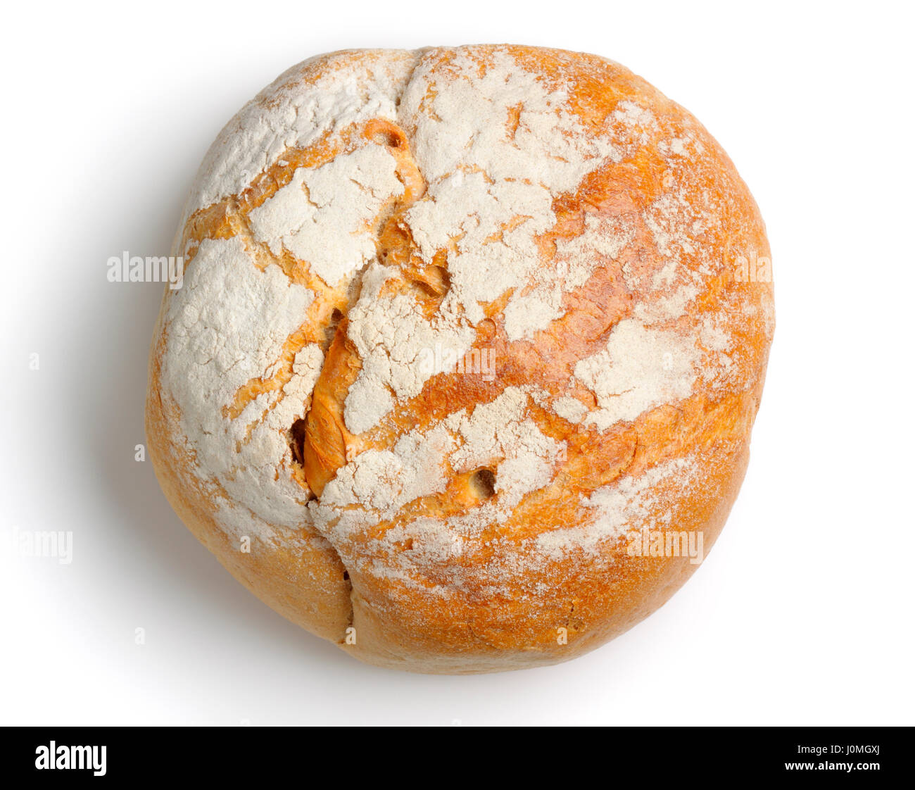 Abgerundete Brot mit Mehl Richtfest auf weißem Hintergrund. Ansicht von oben. Stockfoto