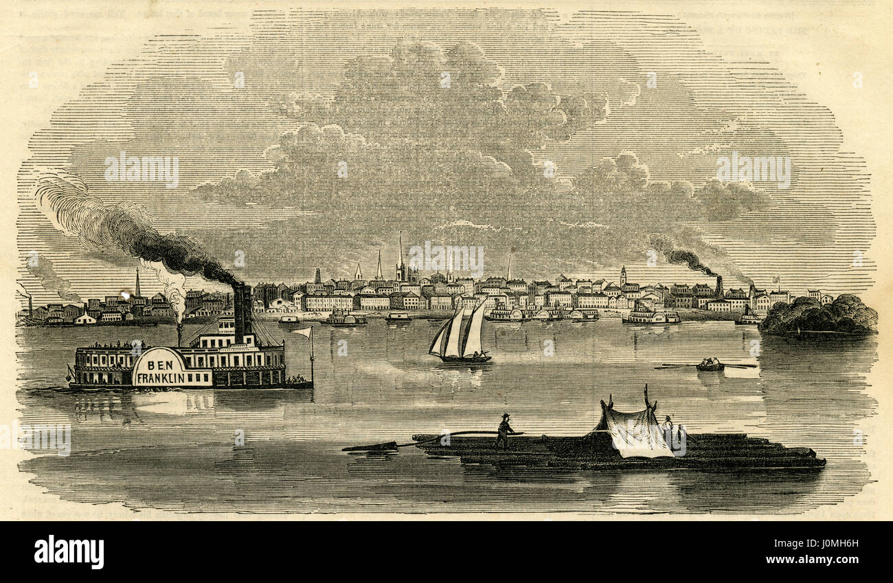 Antiken 1854 Gravur, "Blick auf die Stadt Louisville, Kentucky." Louisville ist die größte Stadt in der Commonwealth of Kentucky und die 30. bevölkerungsreichste Stadt in den Vereinigten Staaten. QUELLE: ORIGINAL GRAVUR. Stockfoto