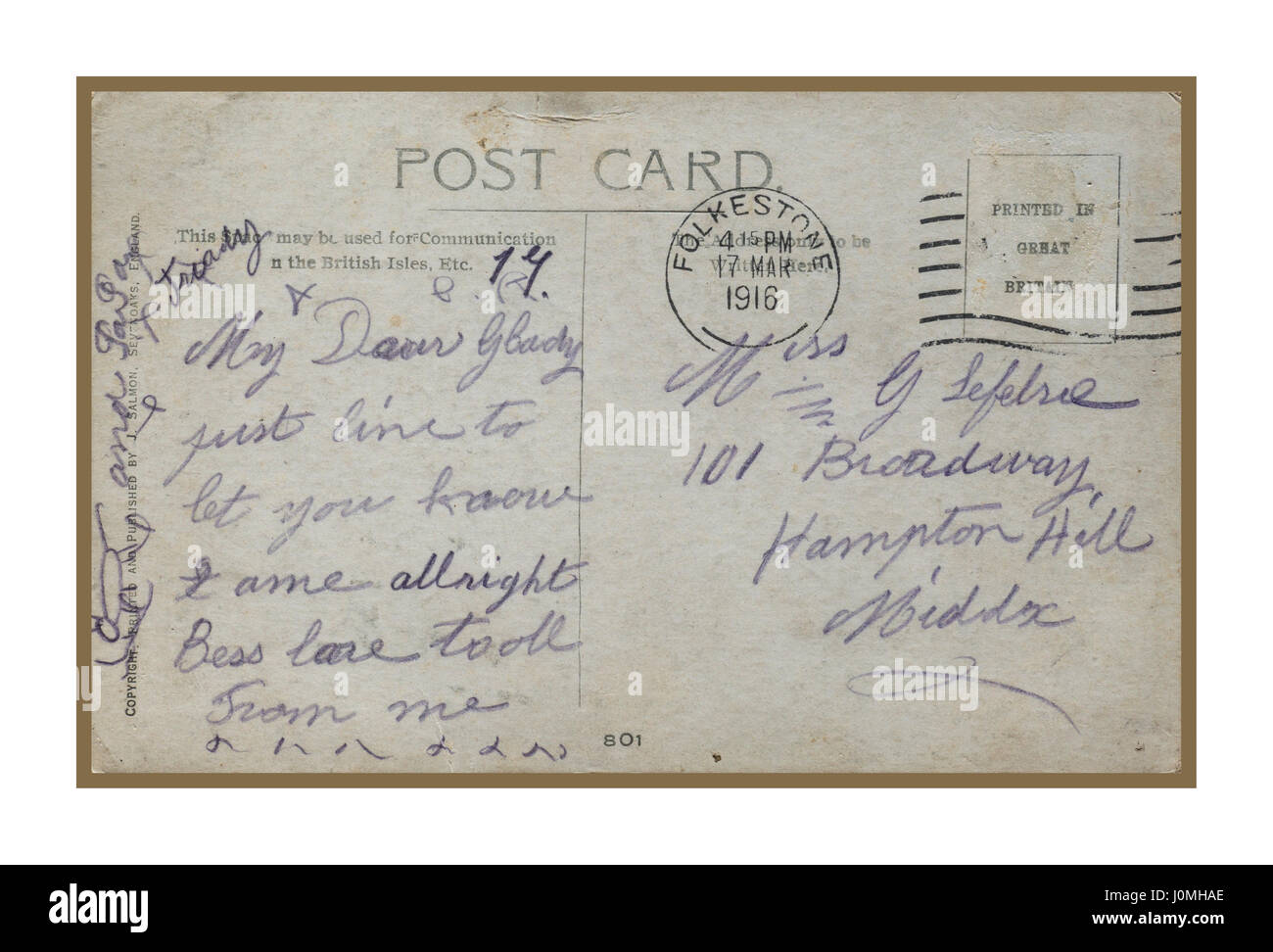 Ergreifende 1. Weltkrieg Postkarte per Last-Minute im Jahre 1916 von Folkestone britischer Soldat unterwegs in Frankreich zu kämpfen Stockfoto