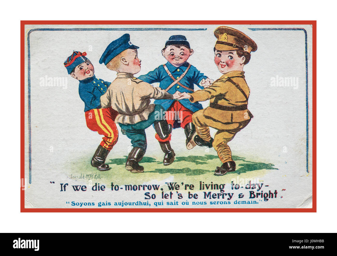 1. Weltkrieg historische Ansichtskarte datiert 1916 von einer Portion britischer Soldat an der Westfront zur Veranschaulichung (L-R) glücklich amerikanische, französische, britische und russische Truppen zusammen mit ergreifenden Motto tanzen "Wenn wir morgen sterben, sind wir heute also lasst uns fröhlich und hell sein Leben Stockfoto