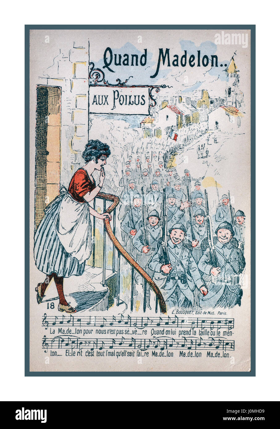 Ergreifende historischen ersten Weltkrieg 1917 Ansichtskarte zeigt attraktive Mademoiselle beobachtete französische Truppen marschieren Song... Von der Front im Westen Frankreichs, von einem britischen Soldaten gesendet Stockfoto