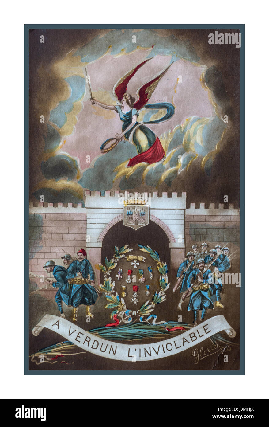 VERDUN WW1 Propaganda Postkarte von der berüchtigten "Battlefront" bei Verdun France an, von der ein Soldat Nachricht senden das Rühren, Verdun ist unantastbar Stockfoto