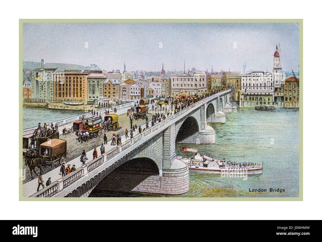 VINTAGE-LONDON 1890 / 1900 historische Farbe Postkarte Illustration der London Bridge mit Pferd gezogenen Kutschen und Dampf Boot vorbei mit abgesenkten Trichter auf dem Fluss Themse London UK Stockfoto