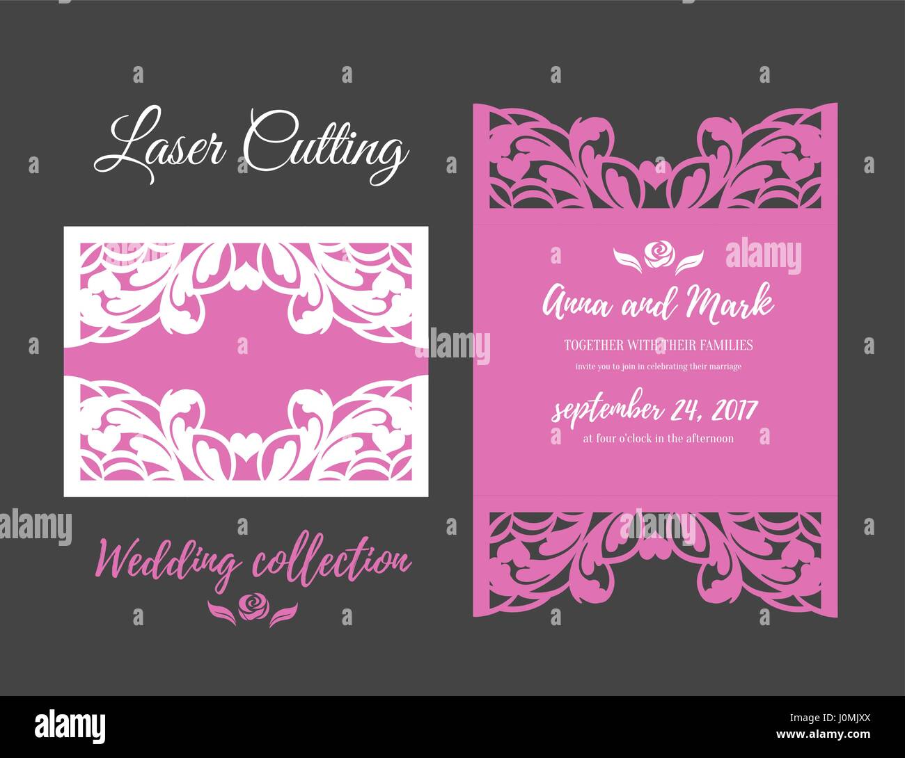 DIY-Vorlage für das Laserschneiden. Offene Karte. Die Vorder- und Rückseite. Vektor kann als Hülle verwendet werden. Hochzeit Die schneiden Einladung. Ausschnitt-Silhouette-mockup Stock Vektor