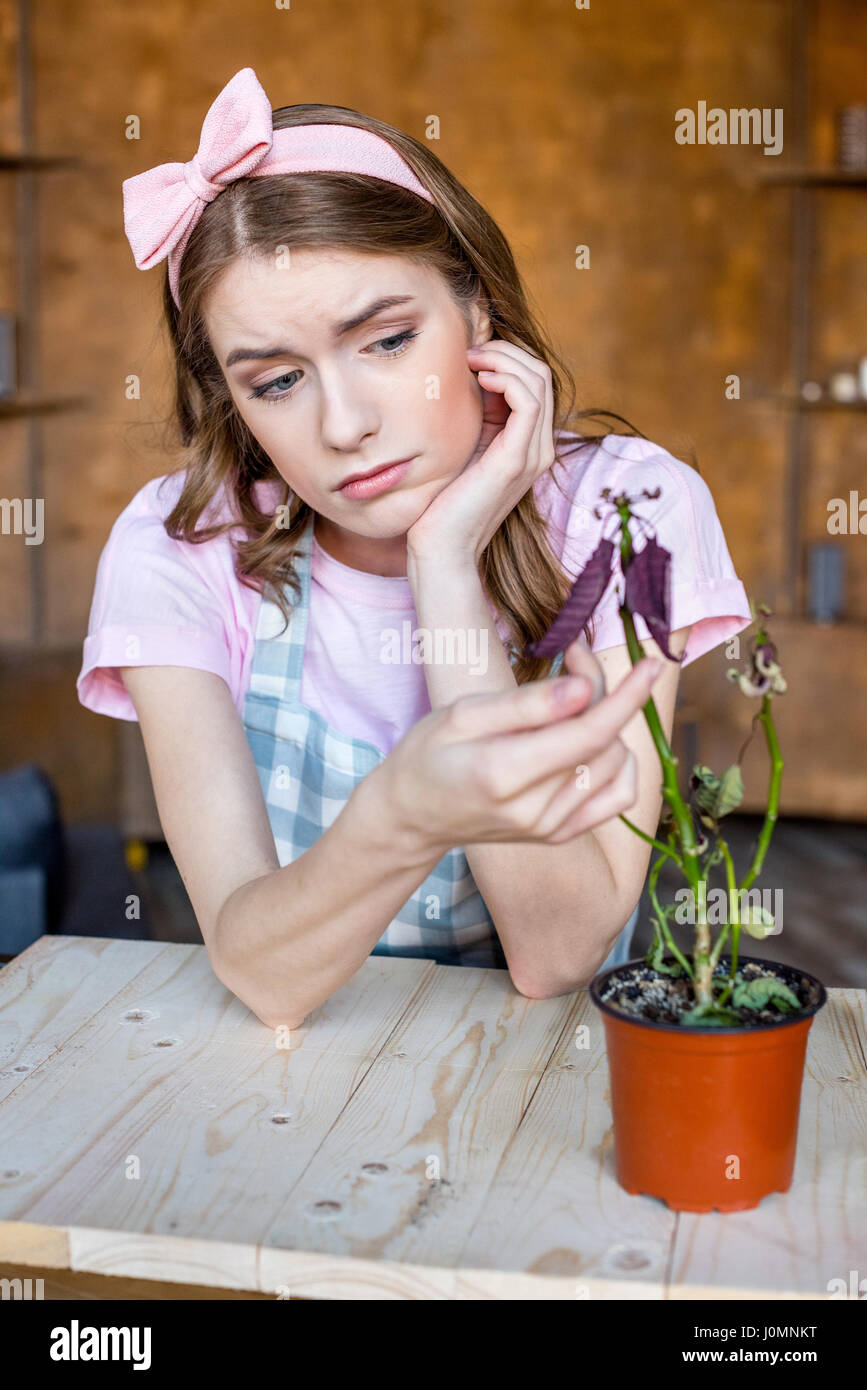 junge Frau mit Pflanze im Blumentopf auf Tisch verärgert Stockfoto