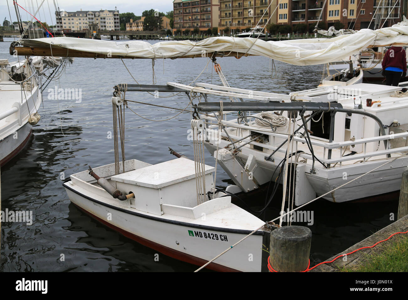 Schubboot auf den Linien der Davit am Heck des einen Chesapeake Bay Skipjack Stockfoto