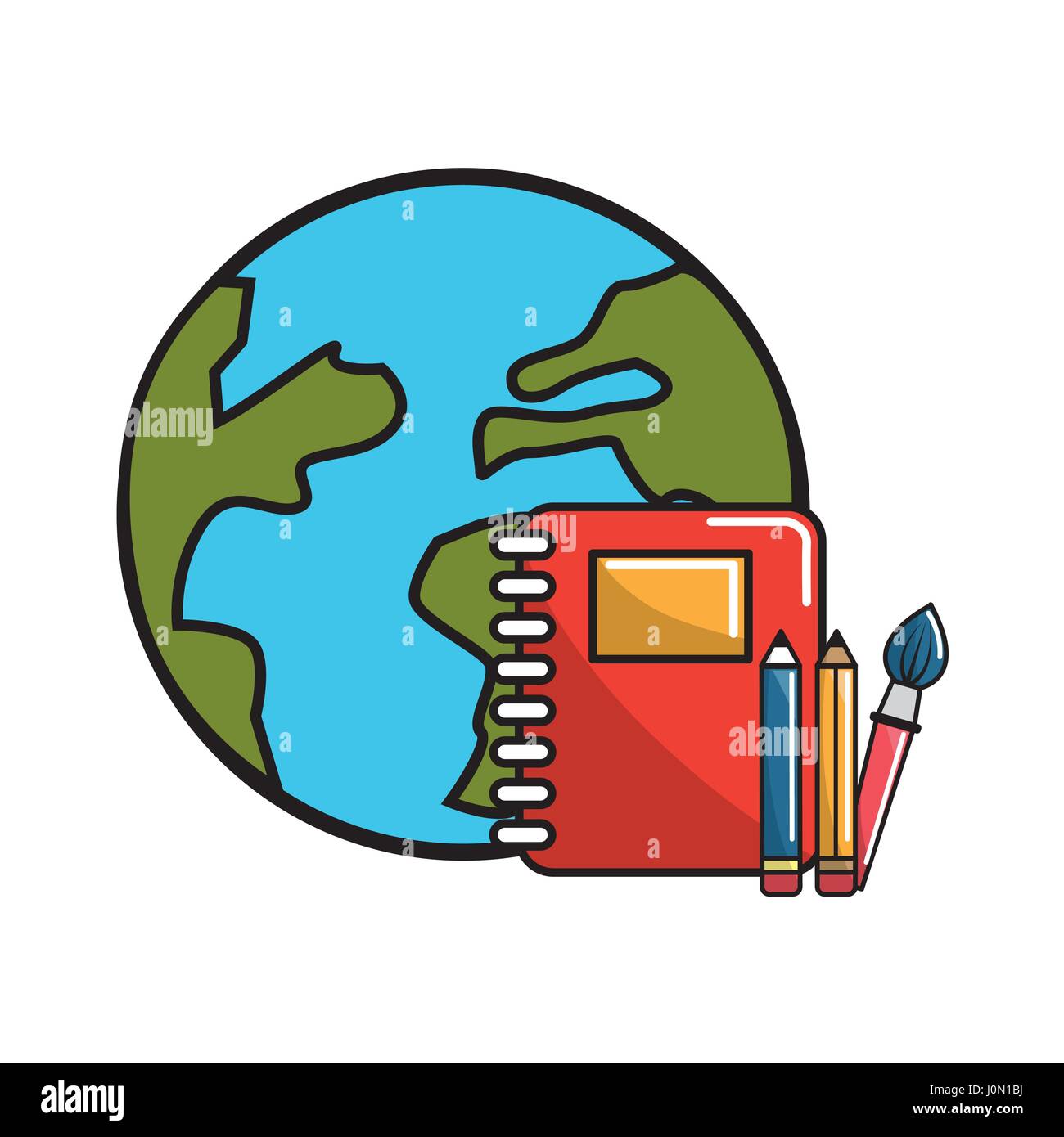 globale Planet mit Ringen Notebook und Schule-tools Stock Vektor