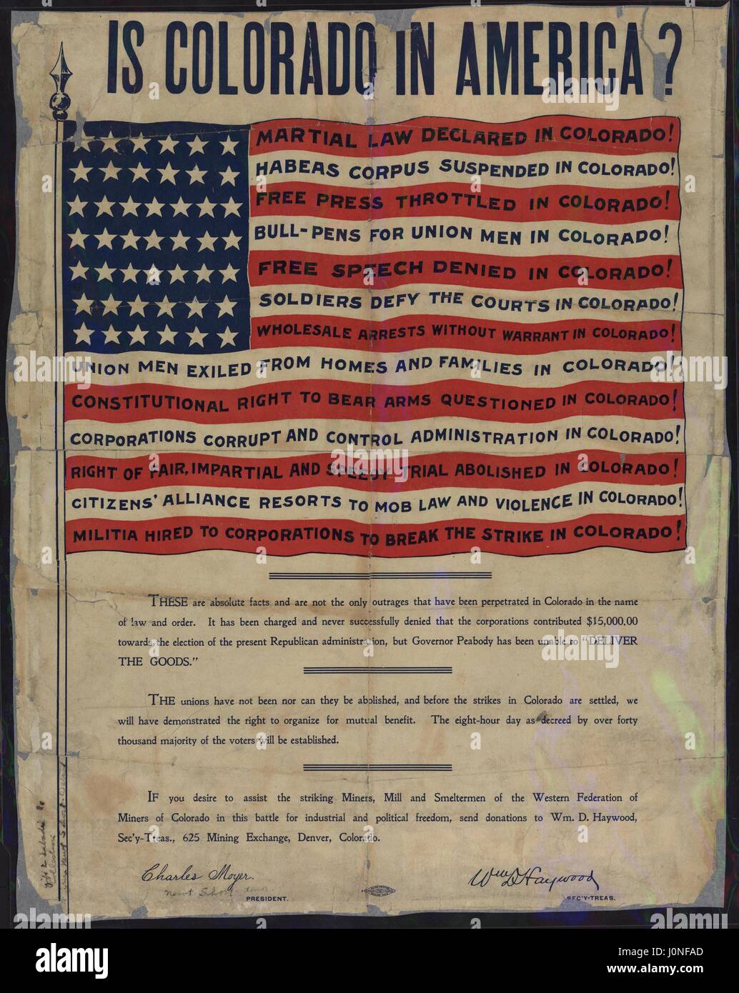 Radikale Arbeit Plakat berechtigt ist Colorado in den USA, Inserat wahrgenommene Verletzungen der Menschenrechte in Colorado, mit Unterschriften der Politiker und Gewerkschaftsführer Charles Moyer und William Haywood, 1906. Courtesy Sammlung Joseph A. Labadie, University of Michigan. Stockfoto