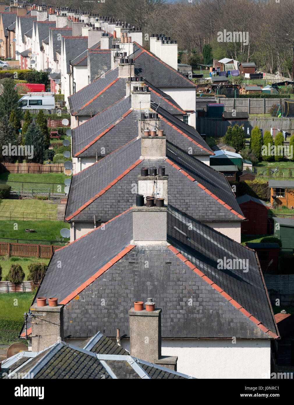 Auf der Suche nach unten Dächer auf Häuserzeile in South Queensferry Schottland, Vereinigtes Königreich Stockfoto