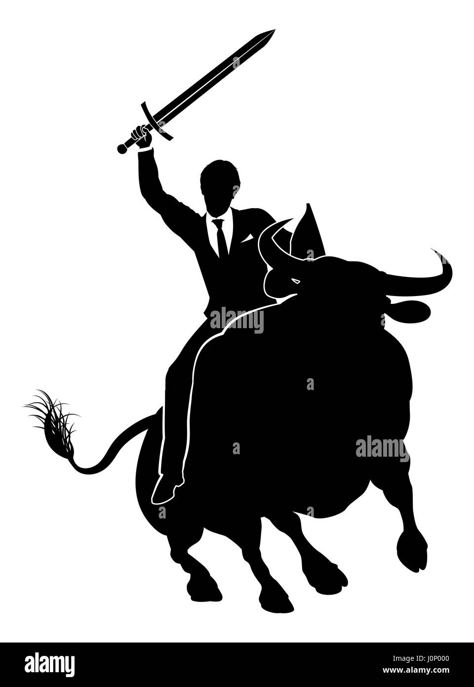Eine finanzielle oder Aktienmarkt konzeptionelle Darstellung der Business Mann Ritter hält ein Schwert und Schild und einen Stier reiten Stockfoto