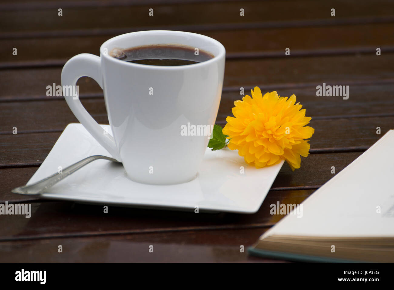 Eine Tasse schwarzer Kaffee mit einer schönen Blume und eine silberne Teelöffel auf der Untertasse, neben einem offenen Buch auf einer hölzernen Tisch, draussen. Stockfoto