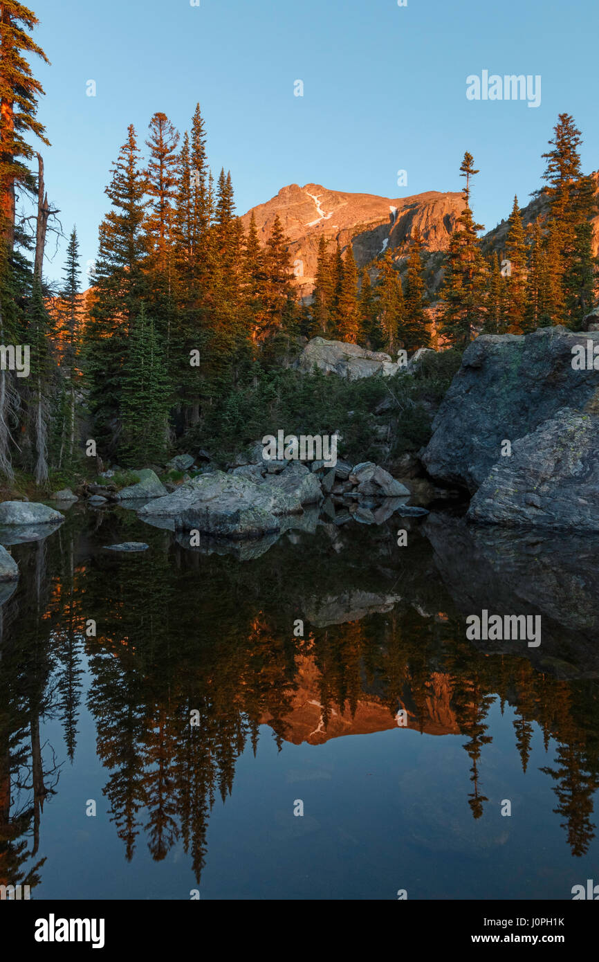 Hallett Peak spiegelt sich in stillem Wasser bei Sonnenaufgang.  Rocky Mountain National Park, Colorado. Stockfoto