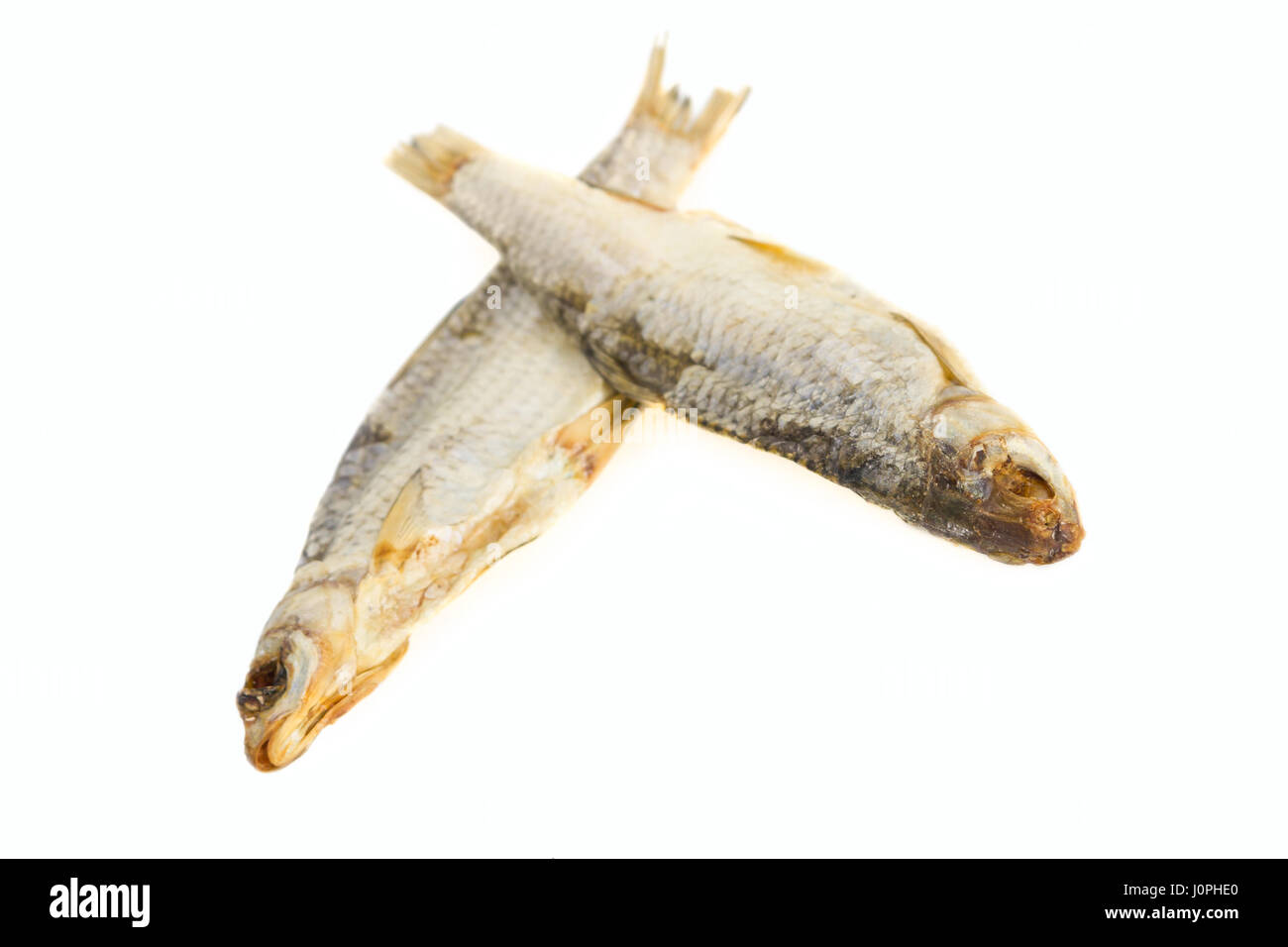 Getrockneter Fisch auf weißem Hintergrund Stockfoto
