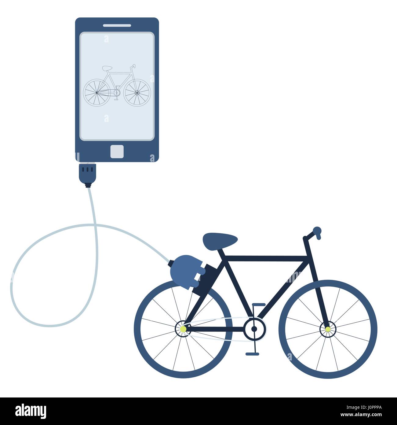 Fahrrad an ein Handy über ein USB-Kabel angeschlossen. Überblick über das Auto auf dem mobilen Monitor angezeigt wird. Flaches Design. Isoliert. Stock Vektor