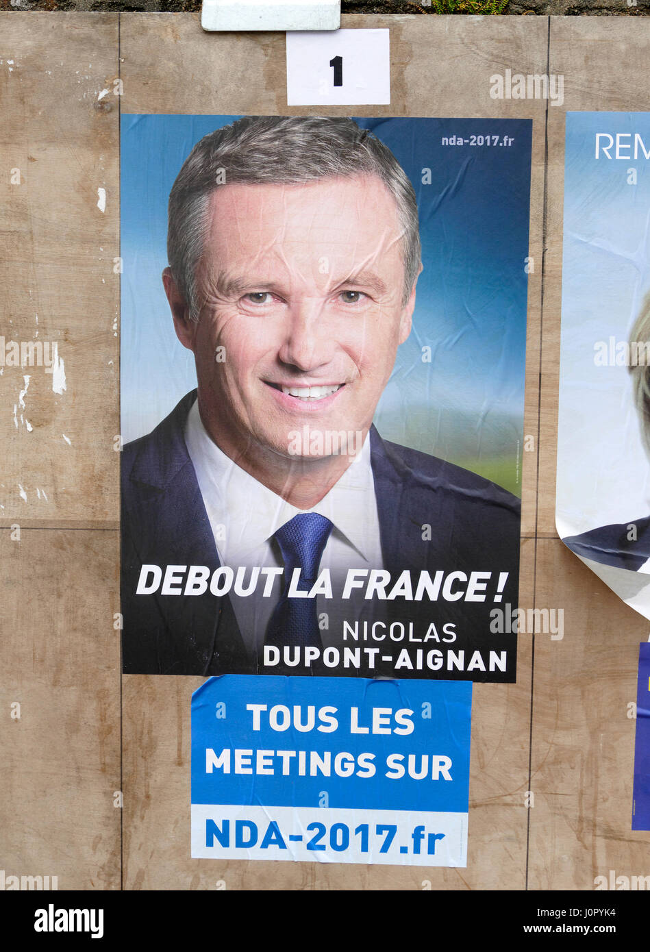Präsidentschaftswahlen in Frankreich 2017, Plakat des Kandidaten Dupont-Aignan für die erste Runde (23. April 2017). Stockfoto