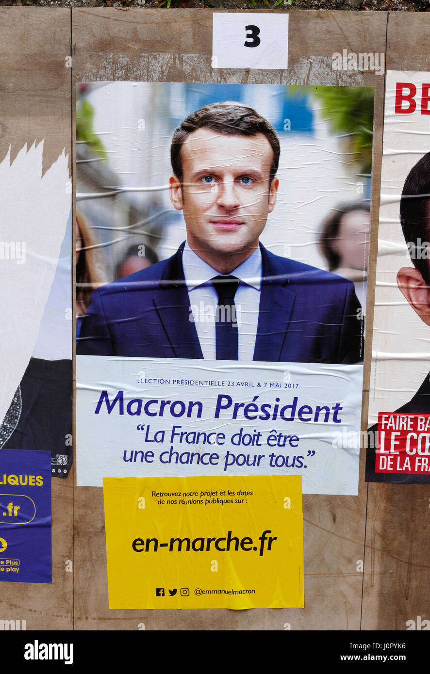 Präsidentschaftswahlen in Frankreich 2017, Plakat des Kandidaten Macron für die erste Runde (23. April 2017). Stockfoto