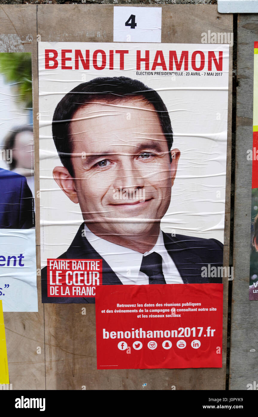 Präsidentschaftswahlen in Frankreich 2017, Plakat des Kandidaten Hamon für die erste Runde (23. April 2017). Stockfoto