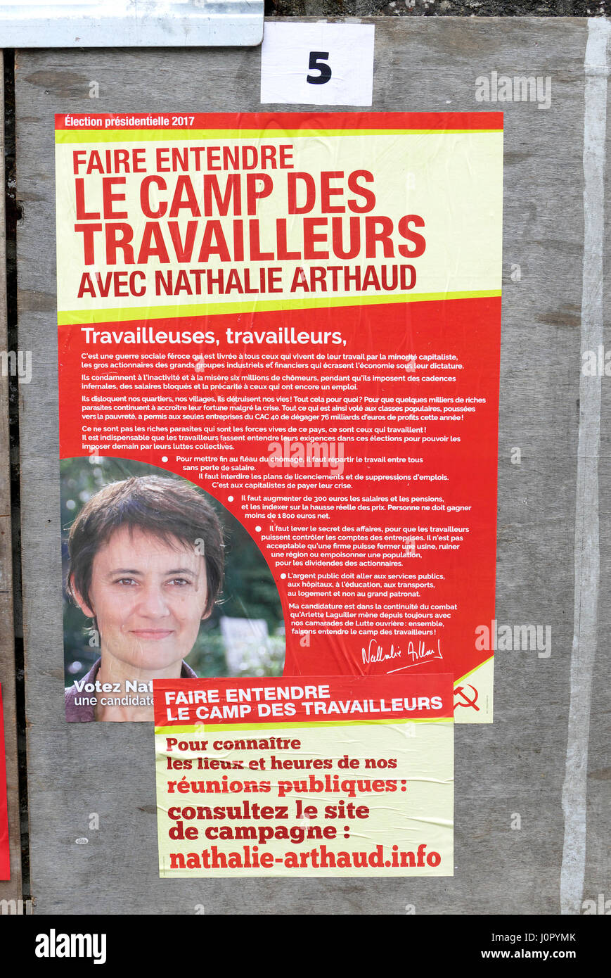 Präsidentschaftswahlen in Frankreich 2017, Plakat des Kandidaten Arthaud für die erste Runde (23. April 2017). Stockfoto