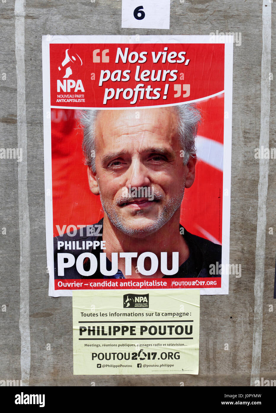 Präsidentschaftswahlen in Frankreich 2017, Plakat des Kandidaten Poutou für die erste Runde (23. April 2017). Stockfoto