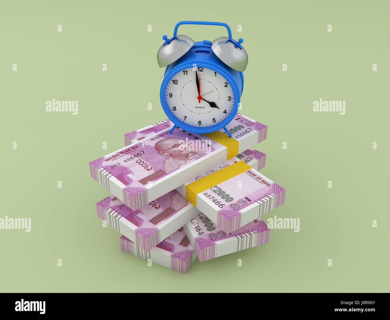 Wecker mit indische Rupie - Rendering 3D-Bild Stockfoto
