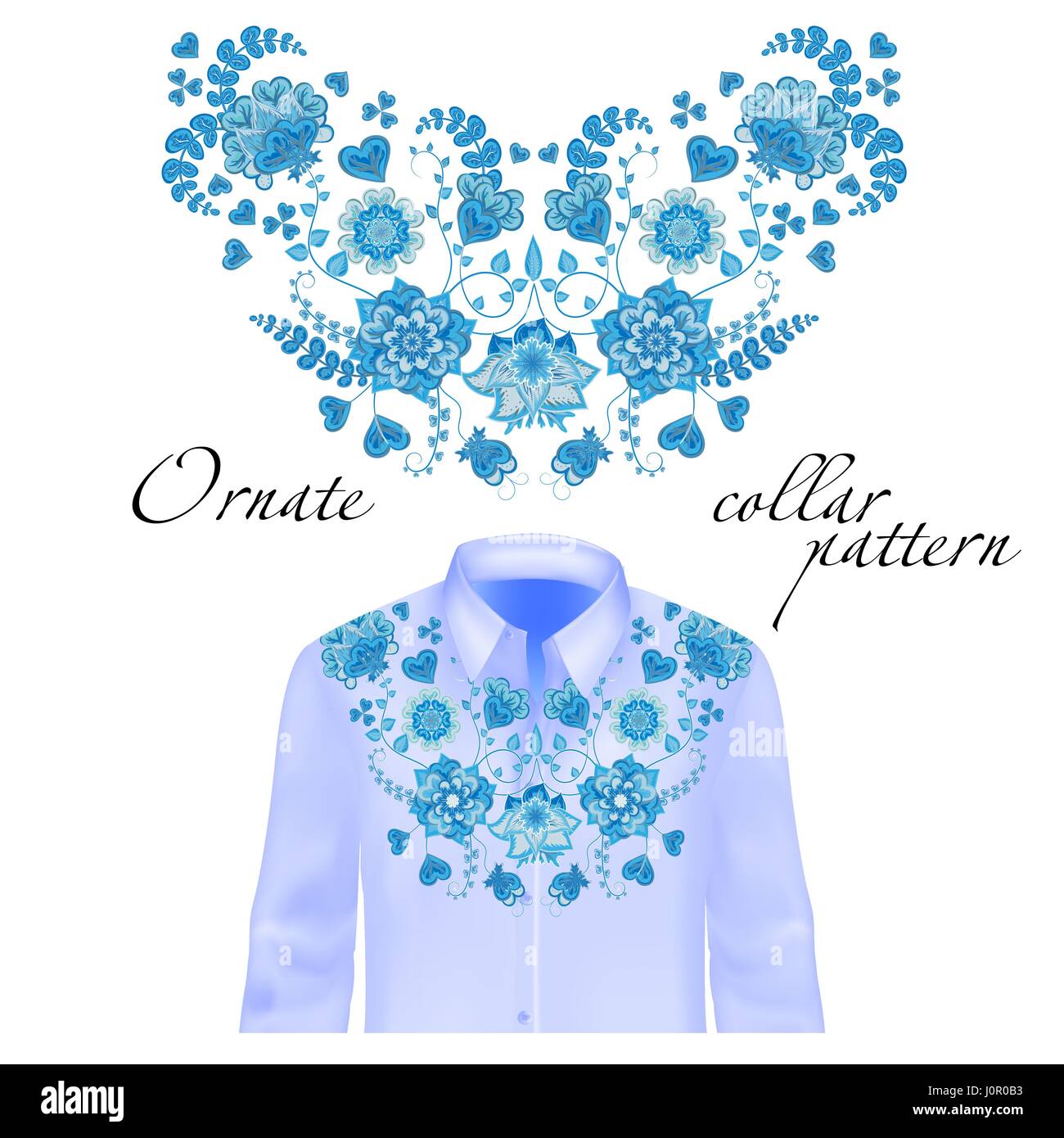 Floralen Curl Hals Stickerei für Blusen. Vektor, Abbildung. Dekoration für Kleidung. Vorderen Kragen Design. Blau auf Shirt Mock-up. Stock Vektor