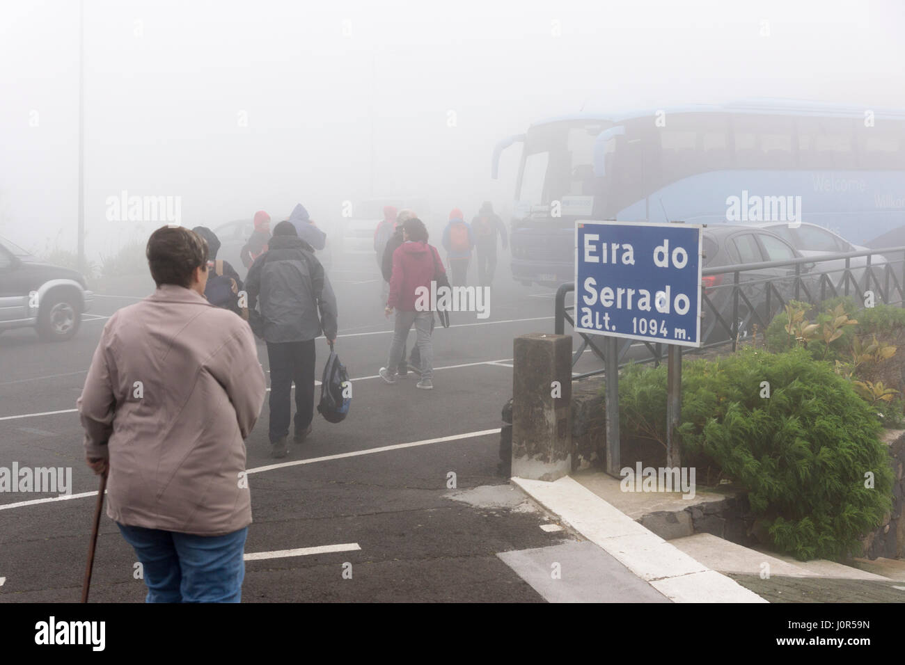 Geringe Sichtbarkeit von Nebel und Regen auf Vorabend des neuen Jahres an Eira Serrado Sicht, Madeira Stockfoto
