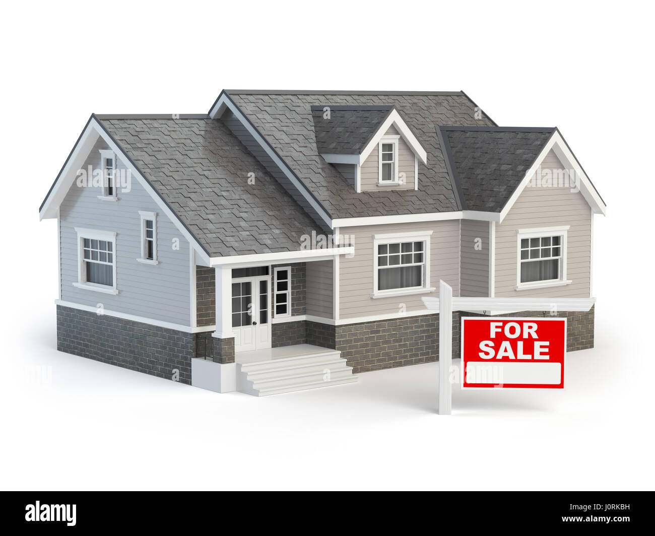 Haus und zum Verkauf Immobilien melden Sie isoliert auf weiss. 3D illustration Stockfoto