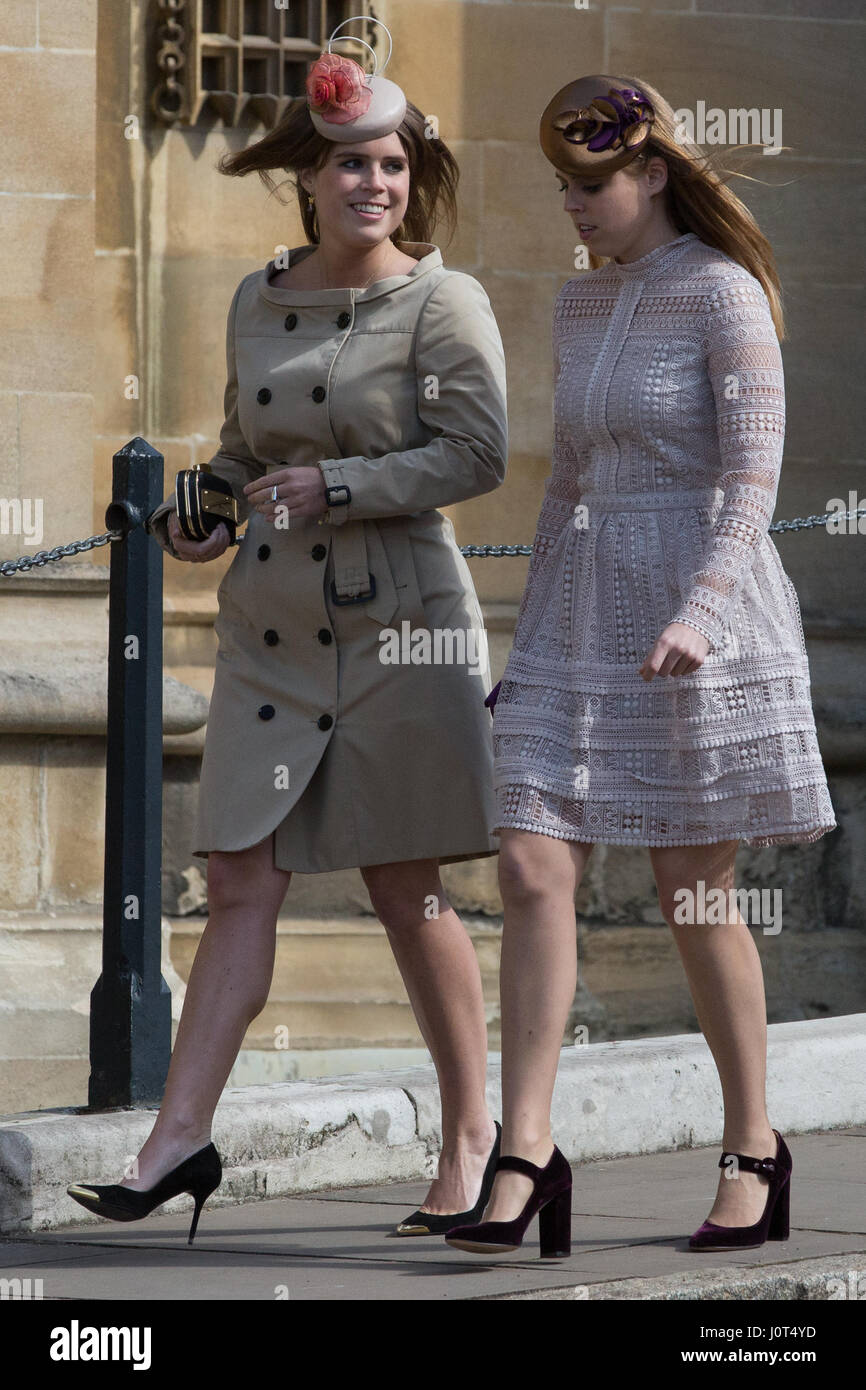 Windsor, UK. 16. April 2017. Prinzessinnen Eugenie und Beatrice ankommen, um den Ostersonntag Service an Str. Georges Kapelle in Windsor Castle zu besuchen. Bildnachweis: Mark Kerrison/Alamy Live-Nachrichten Stockfoto