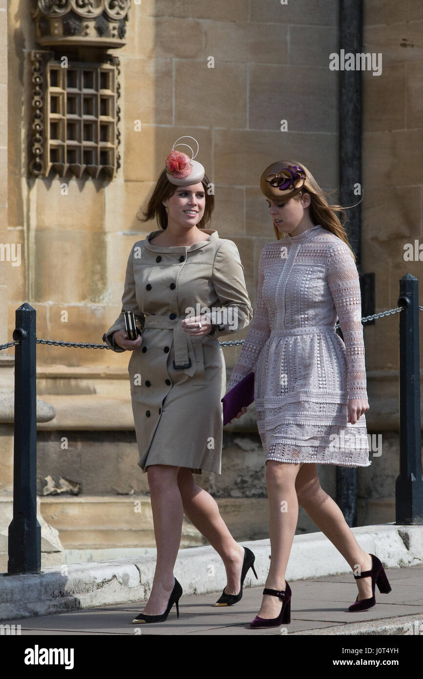 Windsor, UK. 16. April 2017. Prinzessinnen Eugenie und Beatrice ankommen, um den Ostersonntag Service an Str. Georges Kapelle in Windsor Castle zu besuchen. Bildnachweis: Mark Kerrison/Alamy Live-Nachrichten Stockfoto