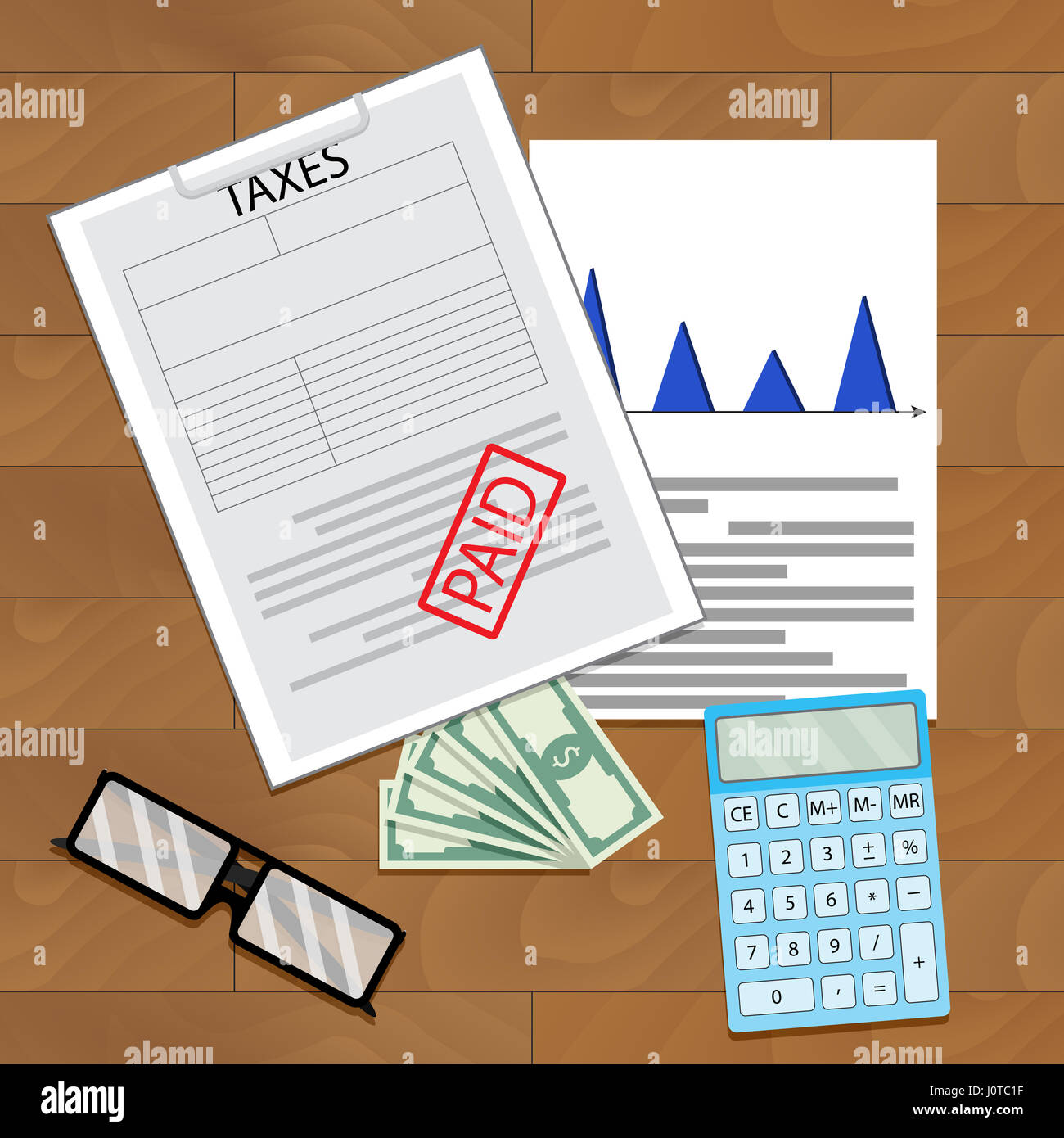 Draufsicht auf die Steuer entrichtet. Restbetrag, Erklärung Einkommen Dokument, Vektor-illustration Stockfoto