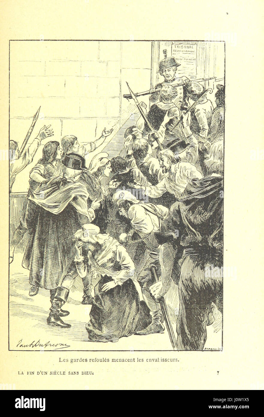 Dieses Bild von „La fin d'un siecle sans Dieu“ bietet eine visuelle Darstellung der historischen Periode, die als „La Terreur“ während der Französischen Revolution bekannt ist, und veranschaulicht den Terror und die politischen Unruhen der Zeit mit eindrucksvollen Illustrationen. Stockfoto