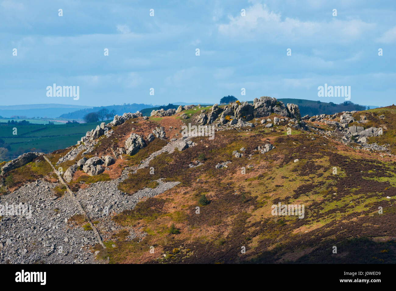 Der Fels, auf dem Stiperstones Grat gesehen von Linley Hügel, Shropshire. Stockfoto