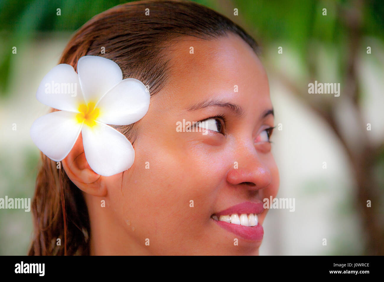 Porträt einer philippinischen Frau im Profil. Stockfoto