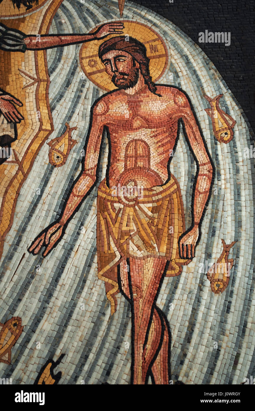 Madaba, religiöse Mosaik an den Wänden der griechisch orthodoxen Basilika von Saint George, ein 19. Jahrhundert Kirche Schätze des frühen Christentums Stockfoto