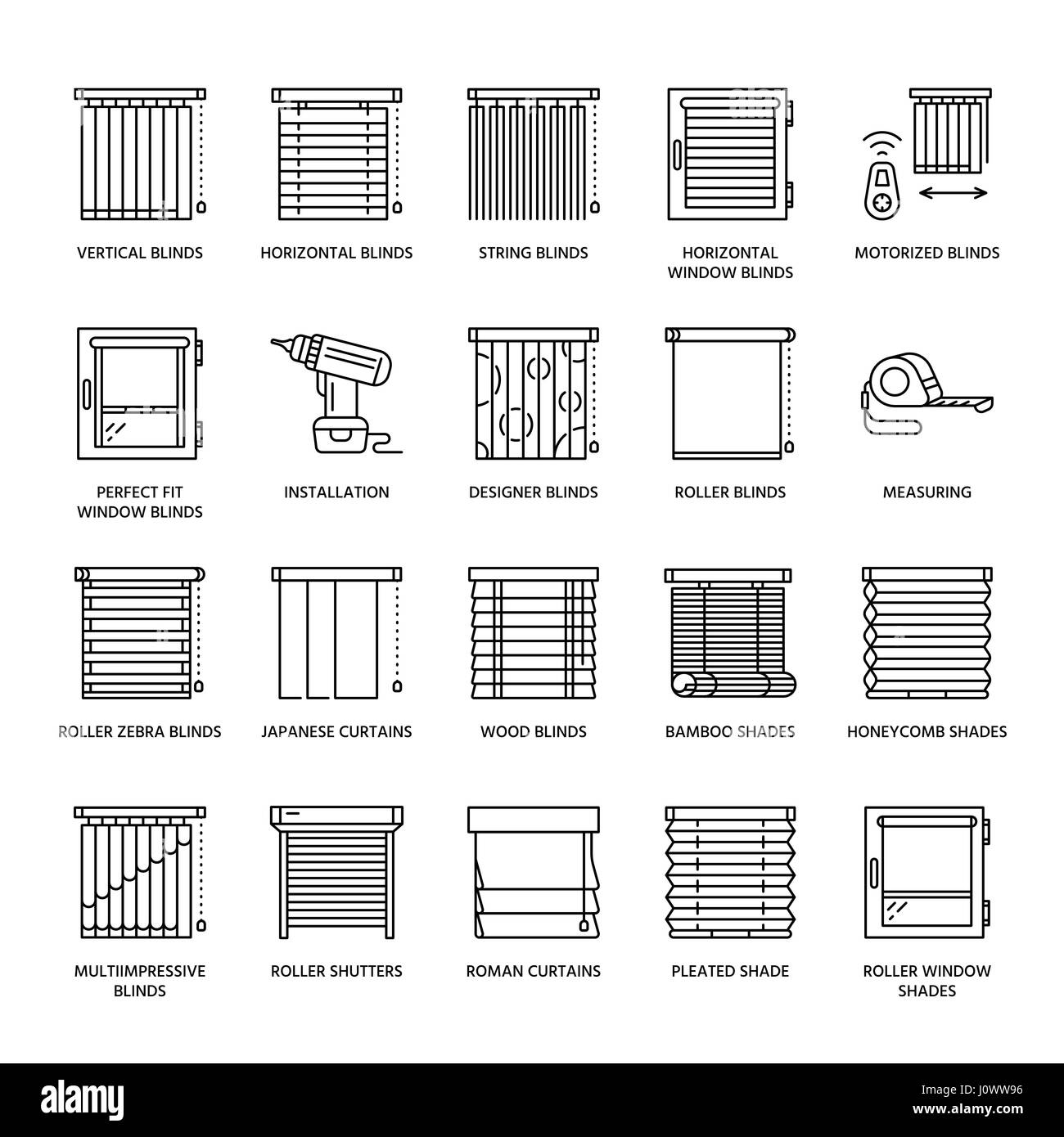 Fenstervorhänge, Schattierungen Linie Symbole. Verschiedene Zimmer abdunkeln, horizontale und vertikale Jalousien, Rollläden, Dekoration und römische Vorhänge. Interior Design dünne lineare Zeichen für Haus Dekor shop Stock Vektor