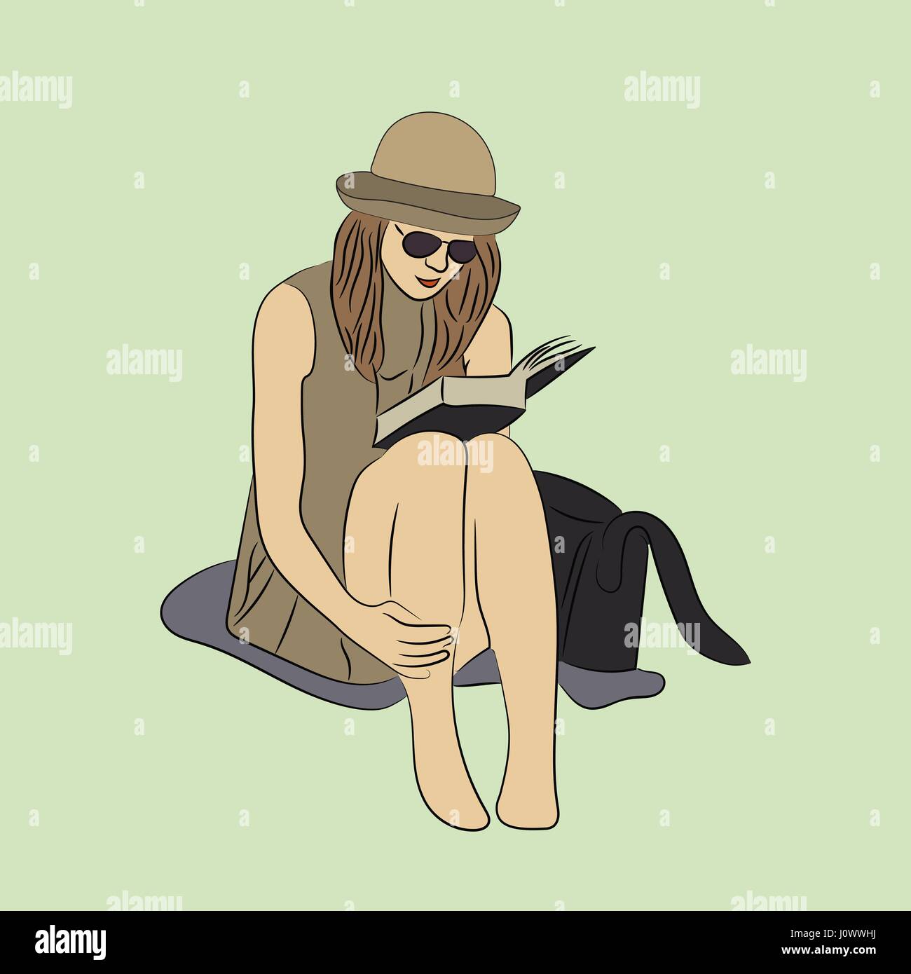 Mädchen sitzt im Rasen und liest ein Buch, Skizze Vektorgrafik Stock Vektor