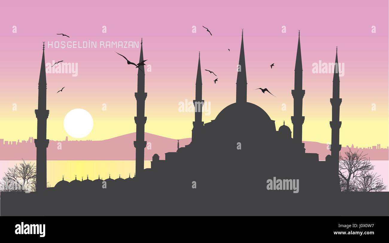 Ramadan Kareem. Hintergrund für Ihre Grußkarte mit Istanbul City und Süleymaniye-Moschee-Silhouette. Übersetzung der Titel im Bild: Willkommen Ramadan Stock Vektor