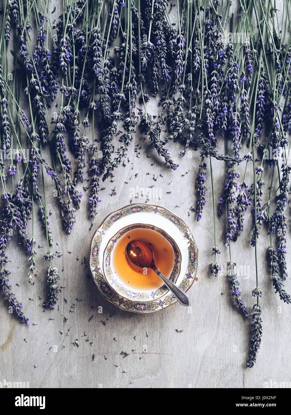 Tasse Tee mit Lavendelblüten Stockfoto