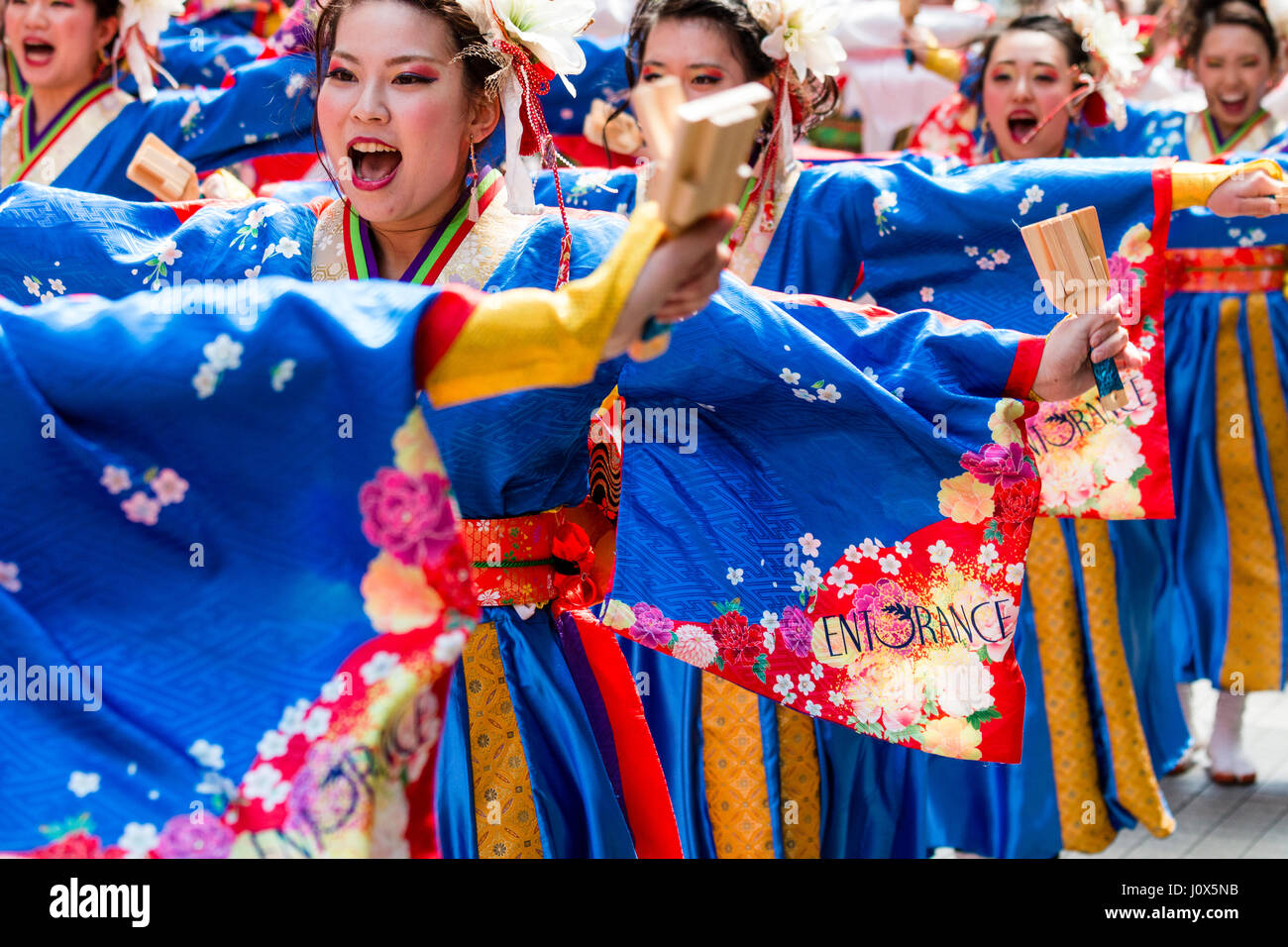 Hinokuni Yosakoi Dance Festival. Frauen Mannschaft in Blau und Rot yukata, Bildung tanzen und mit naruko, hölzerne Klöppel, in der Shopping Mall. Stockfoto