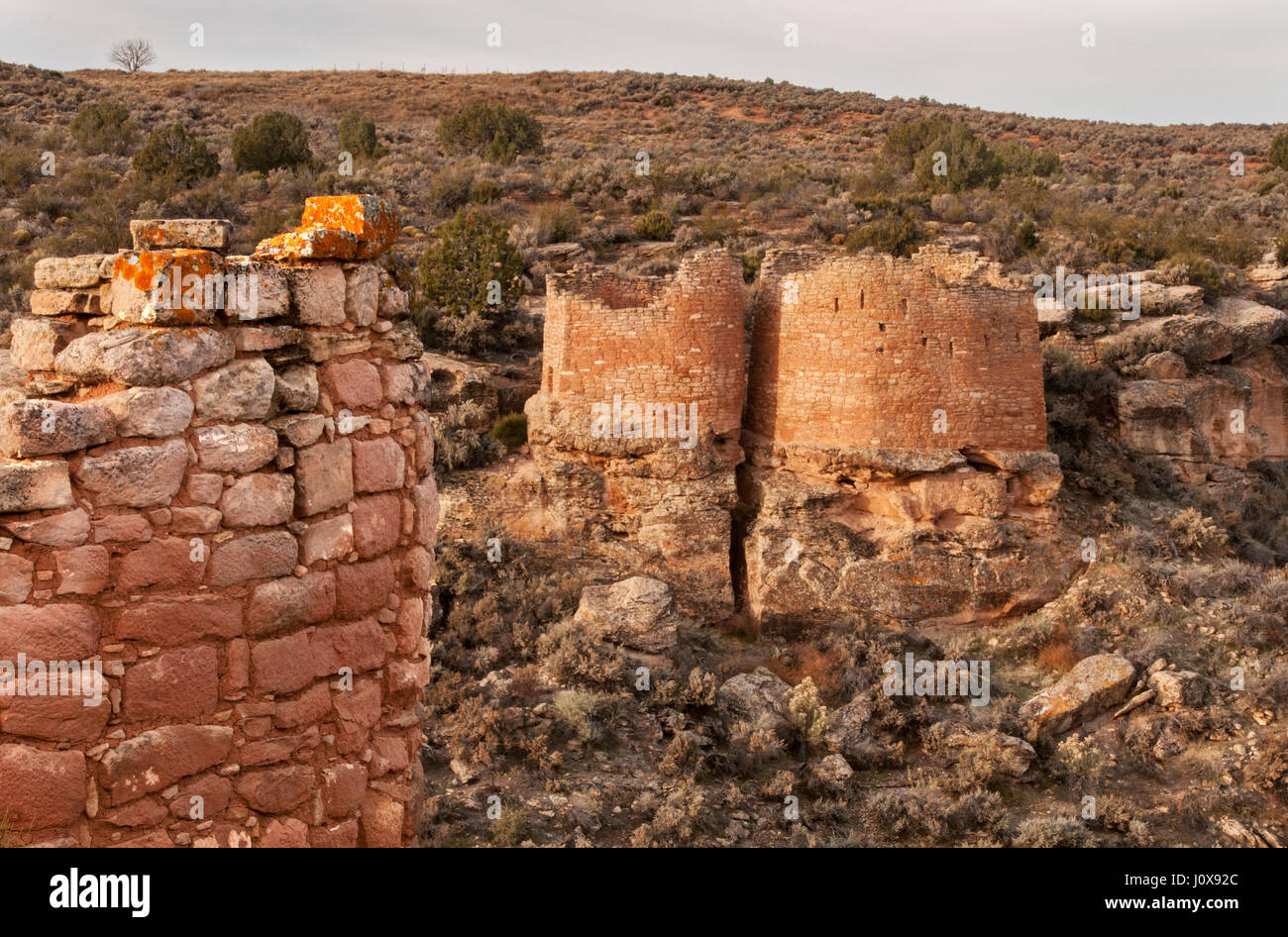 Utah;  Hovenweep Nationalmonument; Anasazi (Ahnen-Pueblo) Häuser; "Die Twin Towers." Stockfoto