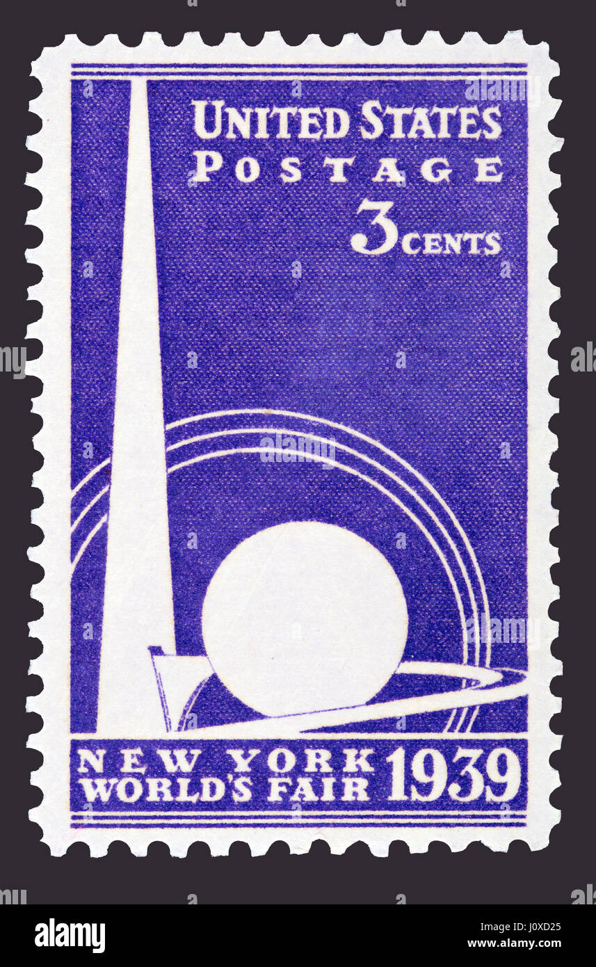 Der New York World Fair 3-Cent-Briefmarke mit berühmten Trylon und Perisphere wurde am 1. April 1939 ausgegeben.   Die Trylon und Perisphere waren tw Stockfoto