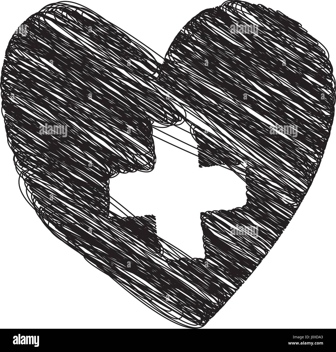 Silhouette Zeichnung, Herz mit Kreuz im Inneren Stock Vektor