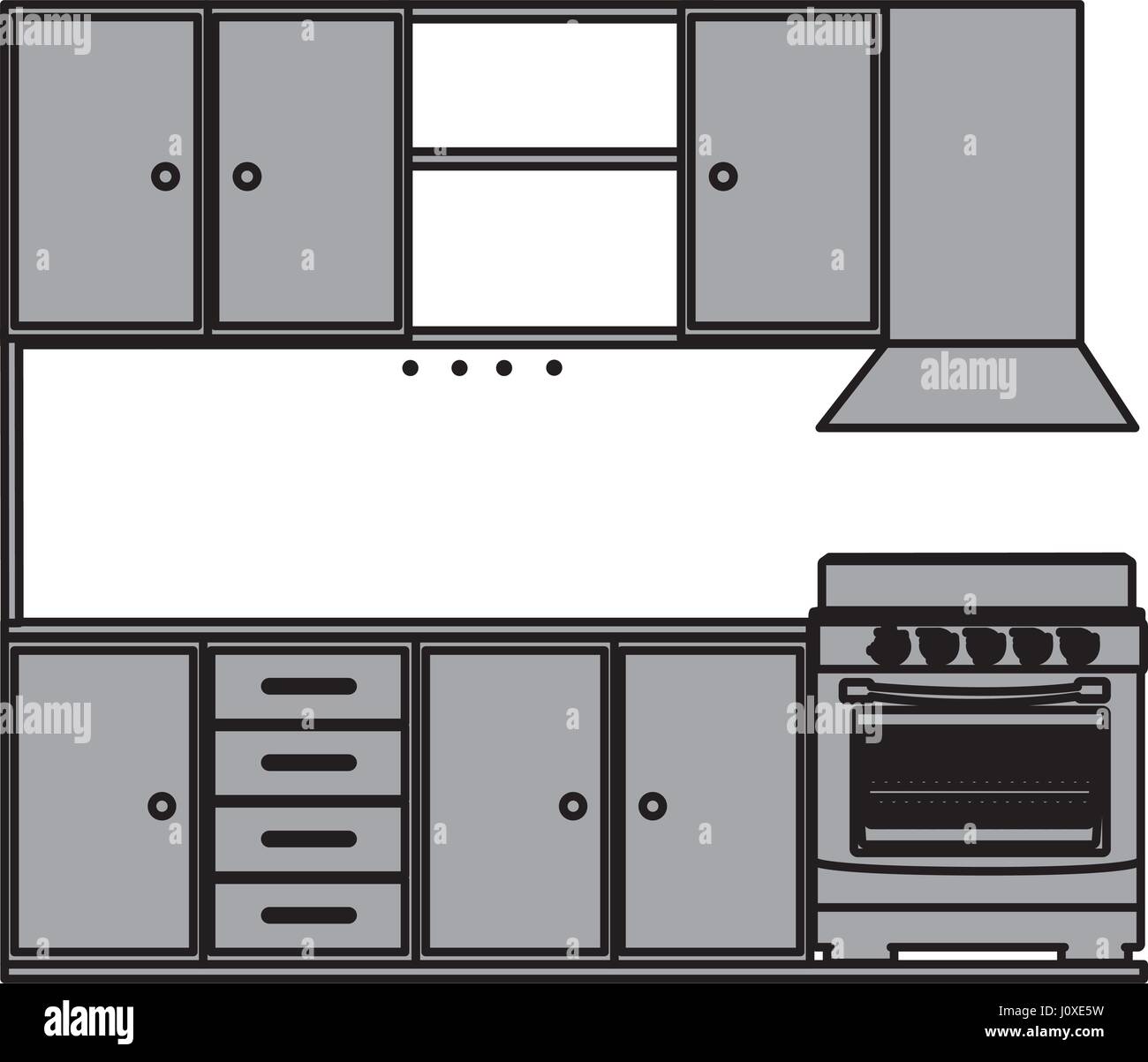 Graustufen-Silhouette der Küchenschränke mit Herd und Backofen Stock Vektor